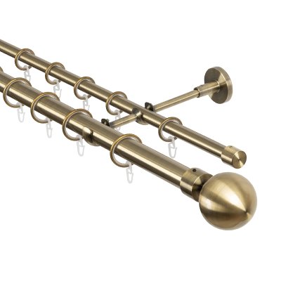 Карниз для штор двухрядный 350 см, настенный, штанги 25 мм и 16 мм, Шар на ножке, золото антик Карниз для штор двухрядный 350 см, настенный, штанги 25 мм и 16 мм, Шар на ножке, золото антик