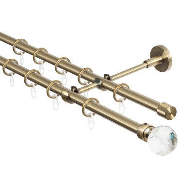 Карниз для штор двухрядный 300 см, настенный, штанги 16 мм, Шар кристальный, золото антик Карниз для штор двухрядный 300 см, настенный, штанги 16 мм, Шар кристальный, золото антик