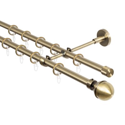 Карниз для штор двухрядный, настенный, штанги 16 мм, Шар в оправе, золото антик Карниз для штор двухрядный, настенный, штанги 16 мм, Шар в оправе, золото антик