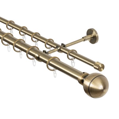 Карниз для штор двухрядный 200 см, настенный, штанги 25 мм и 16 мм, Шар резной, золото антик Карниз для штор двухрядный 200 см, настенный, штанги 25 мм и 16 мм, Шар резной, золото антик