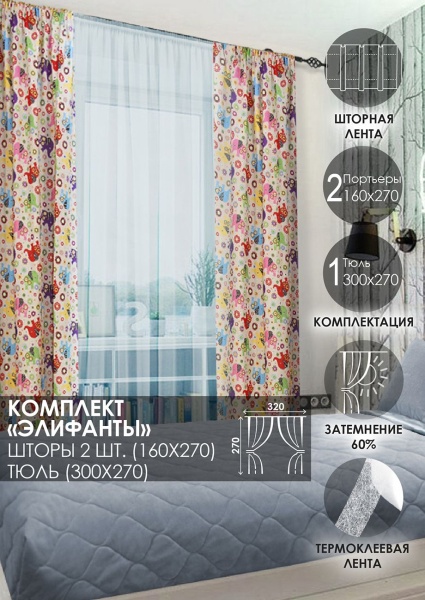 Комплект штор на тесьме "Элифанты" 160х270/300х270 синий тюль Комплект штор на тесьме "Элифанты" 160х270/300х270 синий тюль