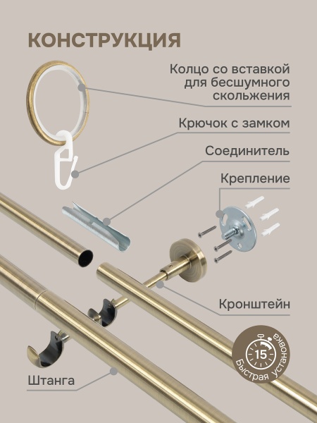Карниз для штор двухрядный 350 см, настенный, штанги 25 мм и 16 мм, Шар на ножке, золото антик Карниз для штор двухрядный 350 см, настенный, штанги 25 мм и 16 мм, Шар на ножке, золото антик