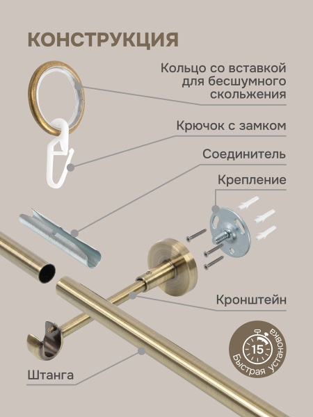 Карниз для штор, настенный, штанга 16 мм, Конус текстурный, золото антик Карниз для штор, настенный, штанга 16 мм, Конус текстурный, золото антик
