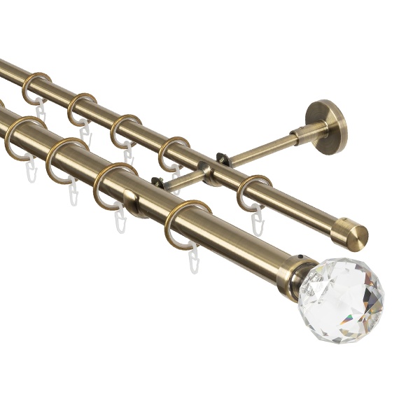Карниз для штор двухрядный 300 см, настенный, штанги 25 мм и 16 мм, Шар кристальный, золото антик Карниз для штор двухрядный 300 см, настенный, штанги 25 мм и 16 мм, Шар кристальный, золото антик