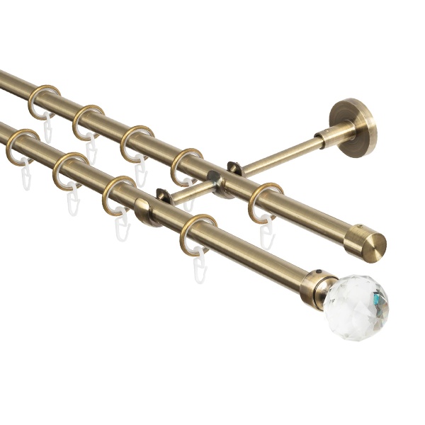 Карниз для штор двухрядный 300 см, настенный, штанги 16 мм, Шар кристальный, золото антик Карниз для штор двухрядный 300 см, настенный, штанги 16 мм, Шар кристальный, золото антик