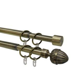 Карниз телескопический двухрядный, металл, Наконечник Орех, Золото антик, 160-320см