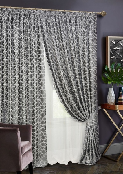 Комплект штор на тесьме "Almaz" 2 шторы 200х270, тюль 450х270 серый темный Комплект штор на тесьме "Almaz" 2 шторы 200х270, тюль 450х270 серый темный