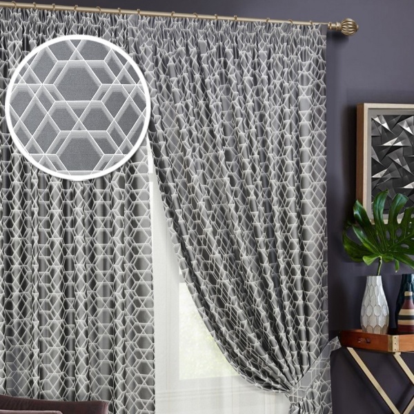 Комплект штор на тесьме "Almaz" 2 шторы 200х270, тюль 450х270 серый темный Комплект штор на тесьме "Almaz" 2 шторы 200х270, тюль 450х270 серый темный